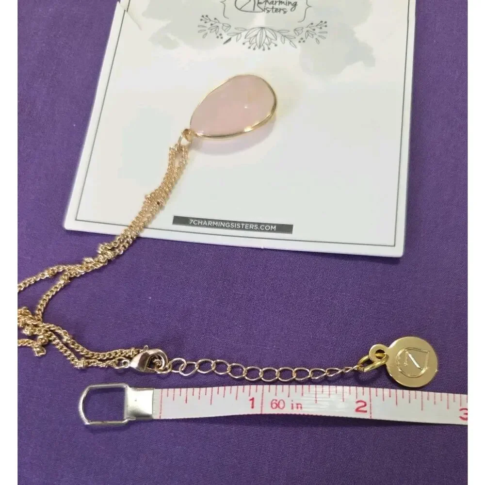 Rose Quartz Teardrop Pendant Necklace On Gold Tone Satellite Station Chain